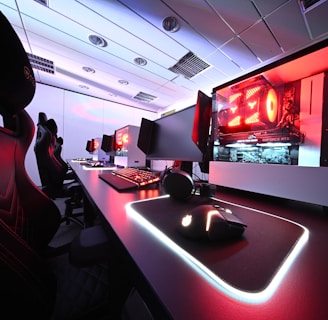 A row of high-end gaming computers on sleek desks, featuring RGB lighting and gaming accessories. The computers are housed in transparent cases with visible components, emitting a red glow. Comfortable gaming chairs with ergonomic design are positioned next to the desks, and the room's ceiling is modern with recessed lighting.